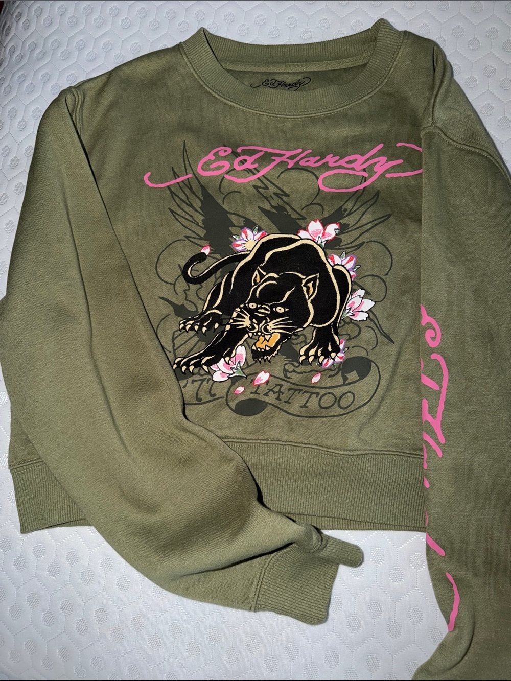 Ed Hardy Olive Green Panther Crewneck crop with Pink Script